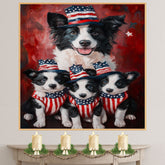Border Collie Mother with Three Puppies in Patriotic Outfits and Hats in Front of American Flag and Red Flowers on Ready to Hang 1.5" Thick Canvas Wrap, Floating Framed Canvas, Flat Rolled Canvas